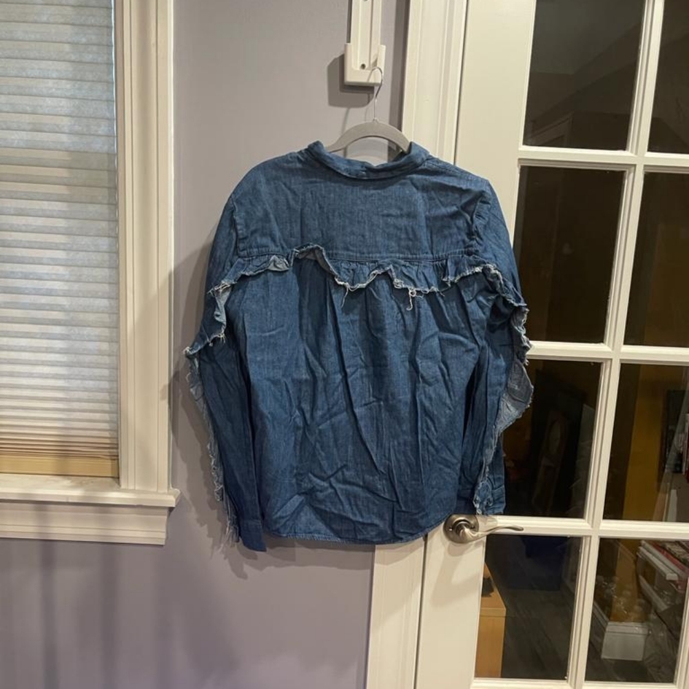 Zara Denim Button Down Collared Ruffle Shirt - image 6